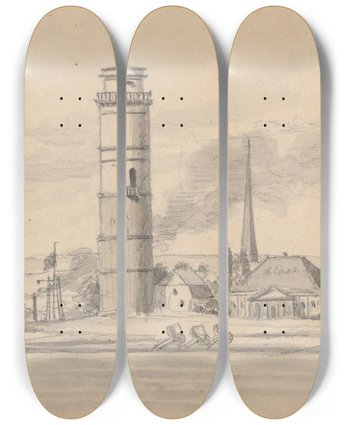 Triptych art skateboard deck of Martinus Rrbye The Lighthouse Of Travemnde Seen From The South by Martinus Rorbye (1803-1848)