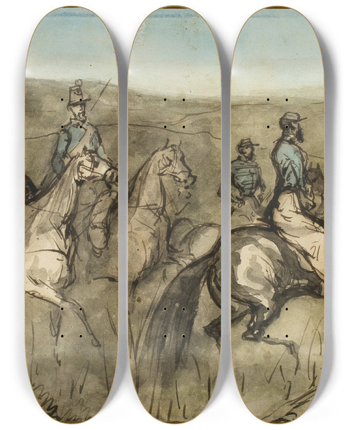 Triptych art skateboard deck of Constantin Guys Cavalry Exercise In A Meadow by Constantin Guys (1805-1892)