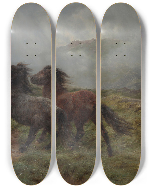 Triptych art skateboard deck of Rosa Bonheur A Ghillie And Two Shetland Ponies In A Misty Landscape by Rosa Bonheur (1822-1899)
