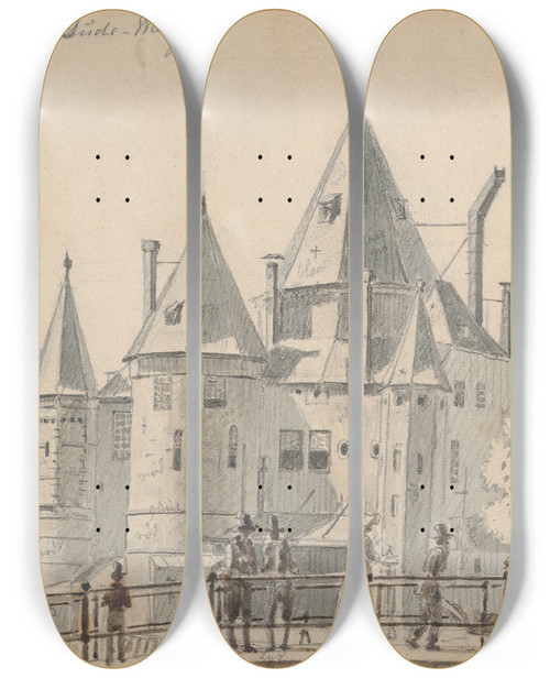 Triptych art skateboard deck of Martinus Rrbye The Oude Waag In Amsterdam Seen From The Northeast by Martinus Rorbye (1803-1848)