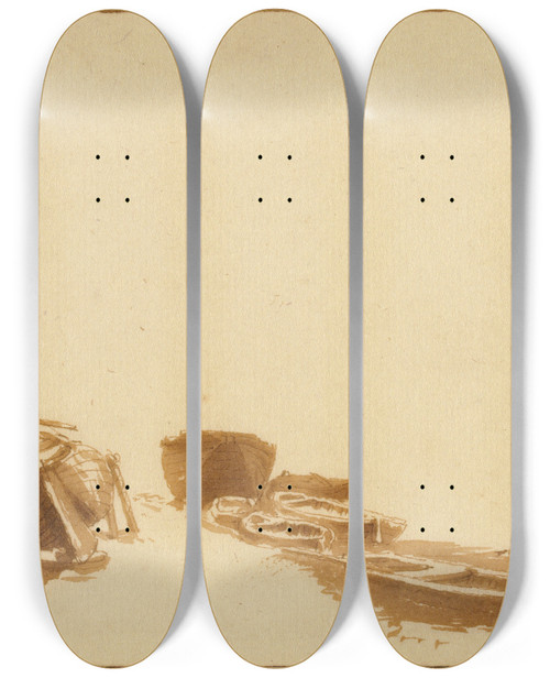 Triptych art skateboard deck of Jan De Bisschop Boats On Shore And In Water by Jan de Bisschop (1628-1671)