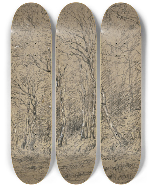 Triptych art skateboard deck of Jakob Maurer Birch Trees At The Edge Of The Forest_1 by Jakob Maurer (1826-1887)