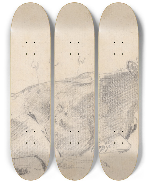 Triptych art skateboard deck of Sawrey Gilpin Study Of A Cow Lying Down And Facing Right by Sawrey Gilpin (1733-1807)