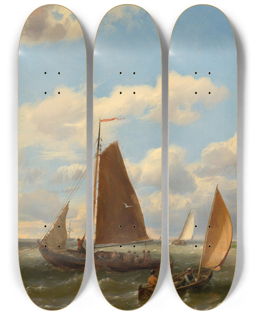 Triptych art skateboard deck of Hermanus Koekkoek Sailing Ships On The Scheldt by Hermanus Koekkoek (1815-1882)