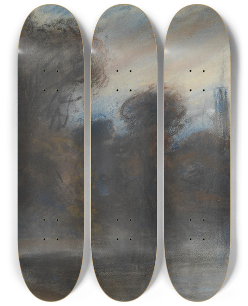 Triptych art skateboard deck of Paul Huet An Abbey By A Wooded Lake At Twilight by Paul Huet (1803-1869)