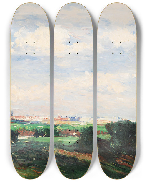 Triptych art skateboard deck of Aureliano De Beruete View Of Madrid From The Planto De Los Infantes Or Madrid Seen From El Pardo by Aureliano De Beruete (1845-1912)