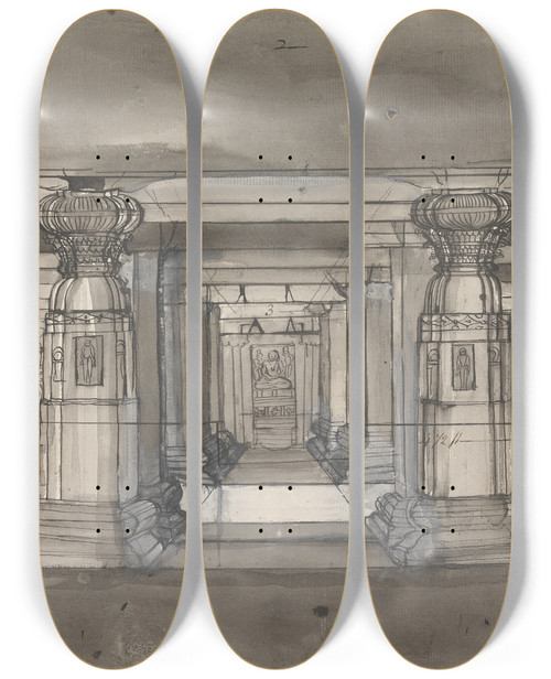 Triptych art skateboard deck of Gangaram Chintaman Tambat The Upper Story Of Jagannatha Sabha by Gangaram Chintaman Tambat