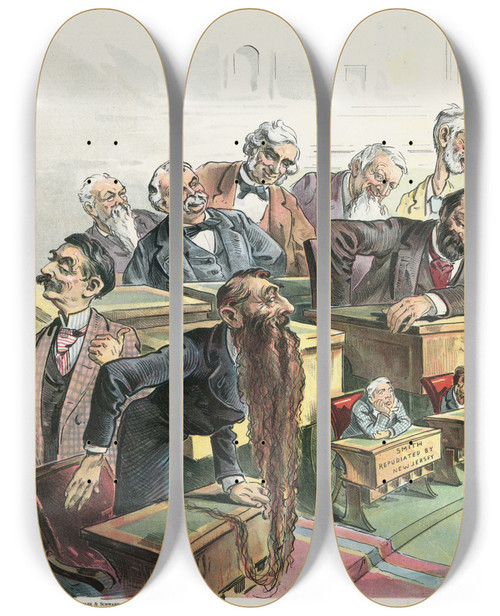 Triptych art skateboard deck of Udo Keppler Shrunk To Their Proper Size At Last An Edifying Sight In The United States Senate by Udo Keppler (1872-1956)