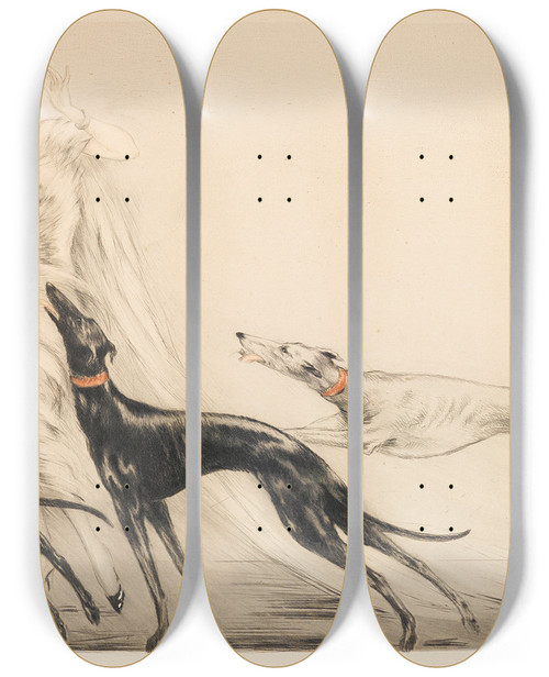 Triptych art skateboard deck of Louis Icart Coursing Ii by Louis Icart (1888-1950)