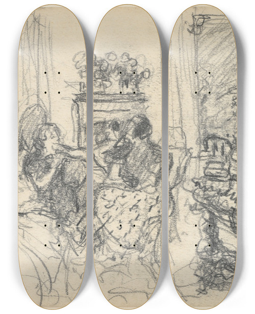 Triptych art skateboard deck of Douard Vuillard Women Conversing In A Salon With Open Windows And Afireplace by douard Vuillard (1868-1940)