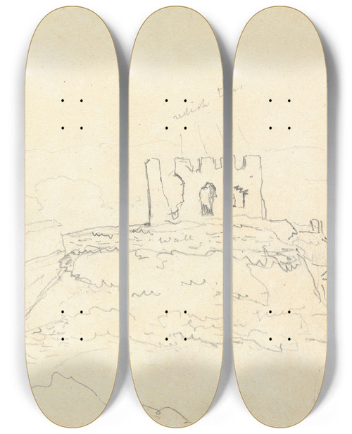 Triptych art skateboard deck of Thomas Bradshaw Sketch Of Castle Ruins by Thomas Bradshaw (1767)