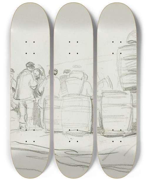 Triptych art skateboard deck of Charles Franois Daubigny Study Of A Group Of People With Barrels by Charles Francois Daubigny (1817-1878)