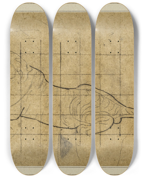 Triptych art skateboard deck of Antoinelouis Barye Tigre Couch Gauche by Antoine-Louis Barye (1796-1875)