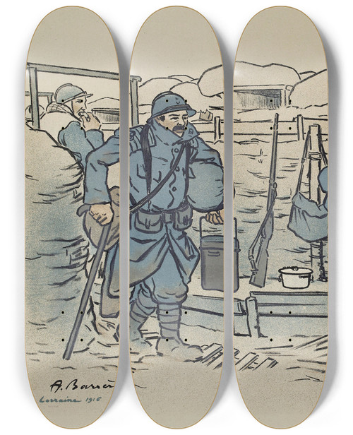 Triptych art skateboard deck of Adrien Barrre Poilus Dans Une Tranche by Adrien Barrere (1874-1931)