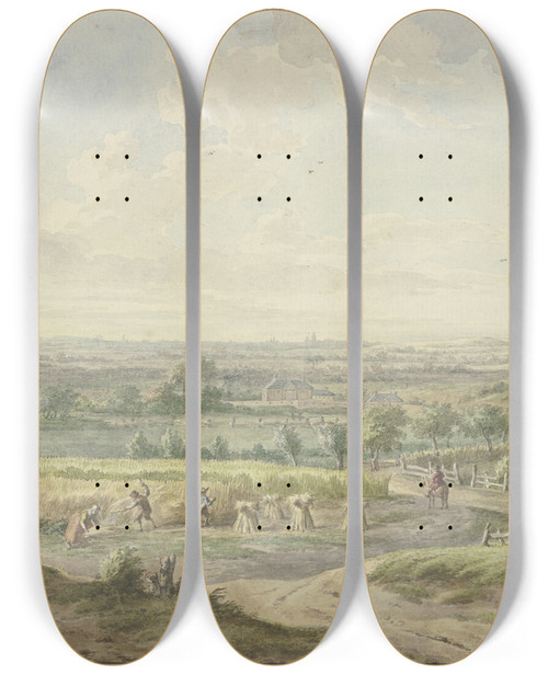 Triptych art skateboard deck of Jacobus Buys Weite Landschaft Mit Der Kornernte by Jacobus Buys (1724-1801)