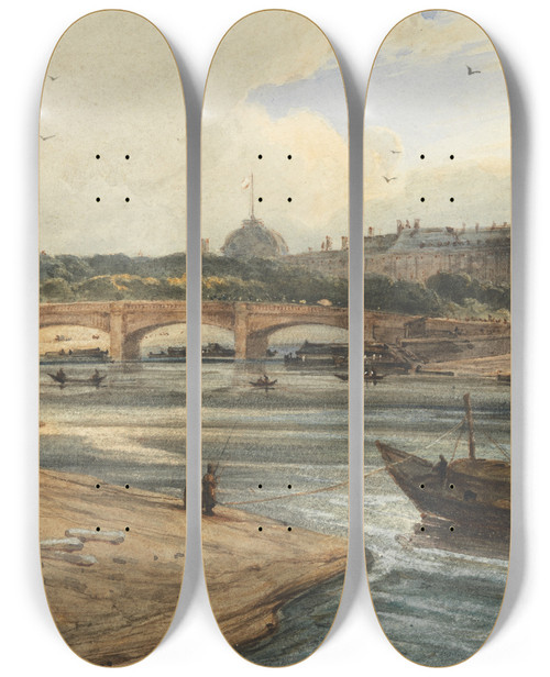 Triptych art skateboard deck of Franois Louis Thomas Francia The Pont De La Concorde And Tuileries Palace From The Cours La Reine by Francois Louis Thomas Francia (1772-1839)