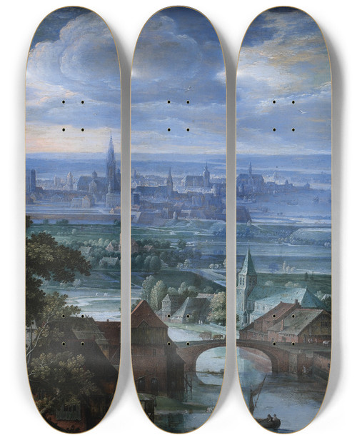 Triptych art skateboard deck of Hans Bol Landscape With A View Of Antwerp by Hans Bol (1534-1593)