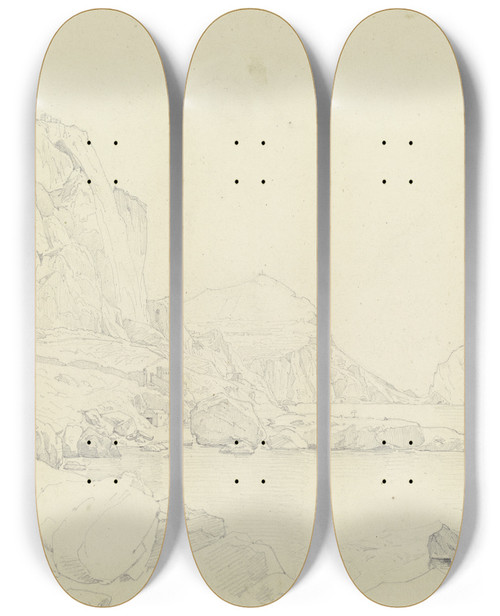 Triptych art skateboard deck of Carl Morgenstern Der Monte Castiglione Mit Der Festung Auf Der Spitze Im Hintergrund Auf Dem Monte Tibero Die Villa Jovis Rechts Die Faraglioni Vor Capri by Carl Morgenstern (1811-1893)