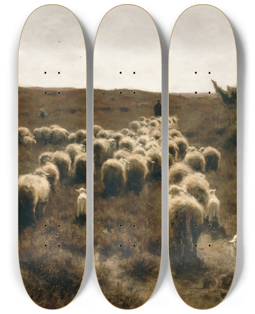 Triptych art skateboard deck of Anton Mauve The Return Of The Flock Laren by Anton Mauve (1838-1888)