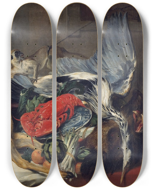 Triptych art skateboard deck of Frans Snyders Still Life With Dead Game A Monkey A Parrot And A Dog by Frans Snyders (1579-1657)