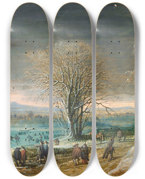 Triptych art skateboard deck of Denys Van Alsloot Winter Landscape by Denys Van Alsloot (1570-1626)