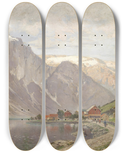 Triptych art skateboard deck of Walter Moras Groe Fjordlandschaft_1 by Walter Moras (1856-1925)