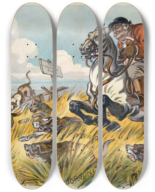 Triptych art skateboard deck of Udo Keppler The Master Of The Hounds by Udo Keppler (1872-1956)
