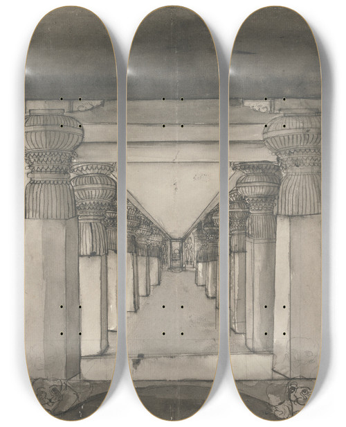 Triptych art skateboard deck of Gangaram Chintaman Tambat Inside View Of Doomar Leyna by Gangaram Chintaman Tambat