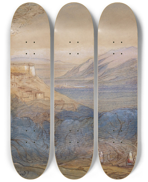 Triptych art skateboard deck of Edward Lear View Of The Castello Caetani And The Hilltown Of Sermoneta Lazio Italy by Edward Lear (1812-1888)