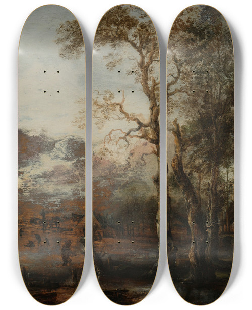 Triptych art skateboard deck of Aert Van Der Neer Wooded Landscape With Hunter by Aert van der Neer (1603-1677)