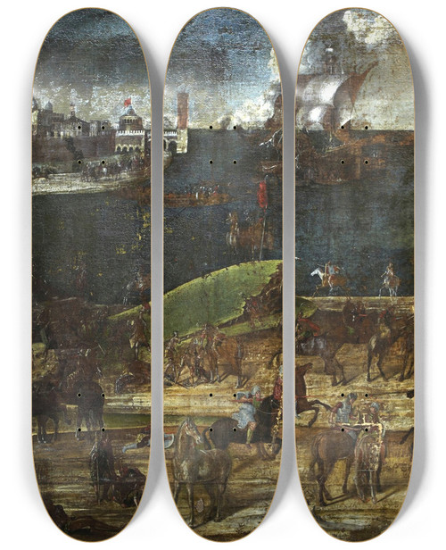 Triptych art skateboard deck of Bernardo Parentino Battle Scene by Bernardo Parentino (1450-1500)