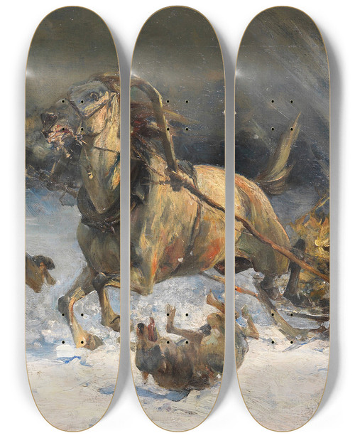 Triptych art skateboard deck of Alfred Von Wieruszkowalski Angriff Der Wlfe by Alfred Von Wierusz-Kowalski (1849-1915)
