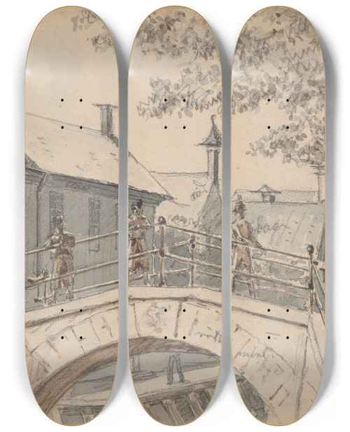 Triptych art skateboard deck of Martinus Rrbye A Bridge Over A Canal In Winschoten by Martinus Rorbye (1803-1848)