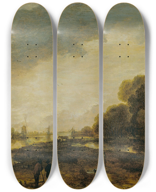 Triptych art skateboard deck of Aert Van Der Neer A River Scene Evening by Aert van der Neer (1603-1677)