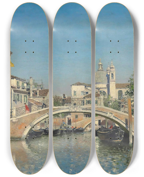 Triptych art skateboard deck of Martin Rico Y Ortega A Venetian Canal With Gondolas Santa Maria Della Salute Beyond by Martin Rico Y Ortega (1833-1908)
