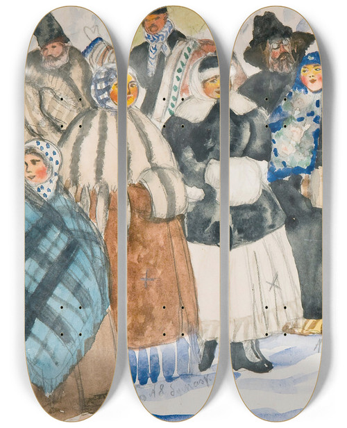 Triptych art skateboard deck of Boris Kustodiev Designfor The Spectators In The Power Of The Fiend by Boris Kustodiev (1878-1927)