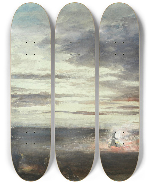 Triptych art skateboard deck of Alfred William Hunt Waiting For The Train by Alfred William Hunt (1830-1896)