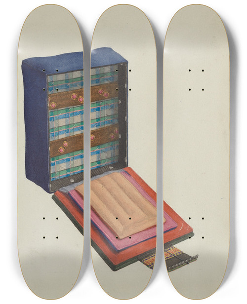 Triptych art skateboard deck of Ingrid Selmerlarsen Shaker Needle Case by Ingrid Selmer-Larsen