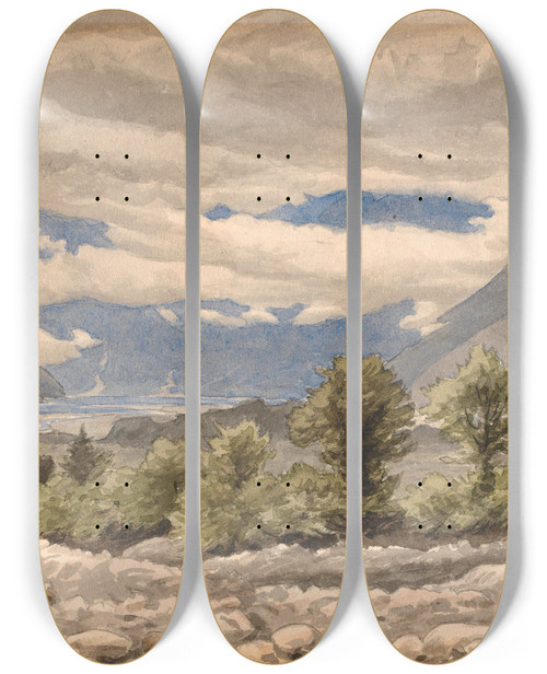 Triptych art skateboard deck of P C Skovgaard Italiensk Bjerglandskab I Overskyet Vejr by P C Skovgaard (1817-1875)