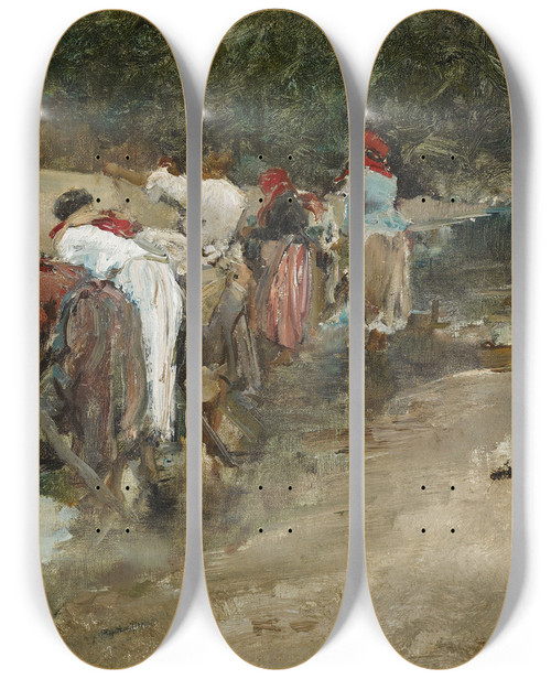 Triptych art skateboard deck of Francisco Pradilla Galician Washerwomen by Francisco Pradilla (1848-1921)