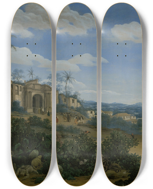 Triptych art skateboard deck of Frans Post View Of Olinda Brazil by Frans Post (1612-1680)