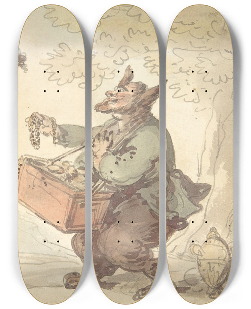 Triptych art skateboard deck of Thomas Rowlandson Beauty And The Beast by Thomas Rowlandson (1756-1827)