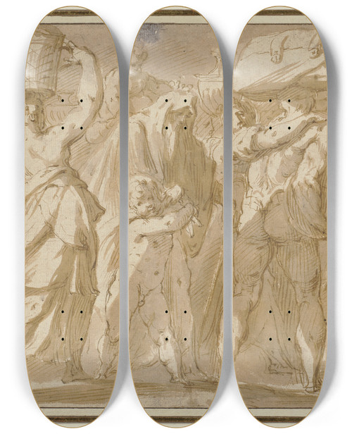Triptych art skateboard deck of Hans Speckaert Ein Zug Von Mnnern Frauen Und Kindern Die Scke Und Krbe Tragen by Hans Speckaert (1540-1577)