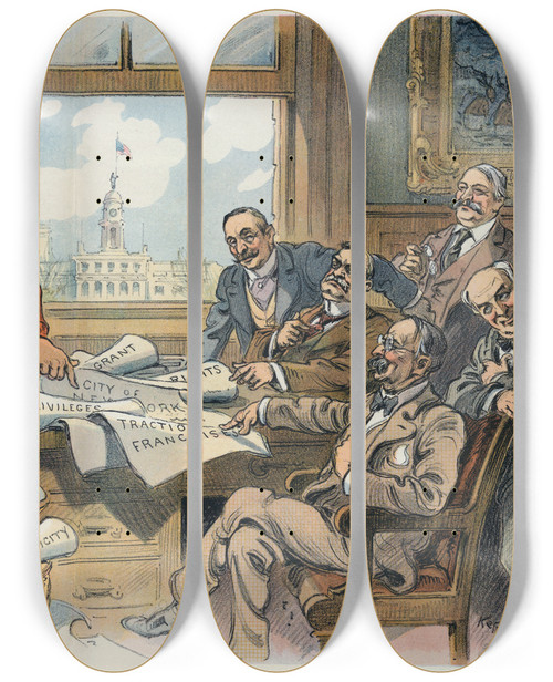 Triptych art skateboard deck of Udo Keppler The Sale Of Manhattan Price Not Mentioned A Continuous Performance by Udo Keppler (1872-1956)