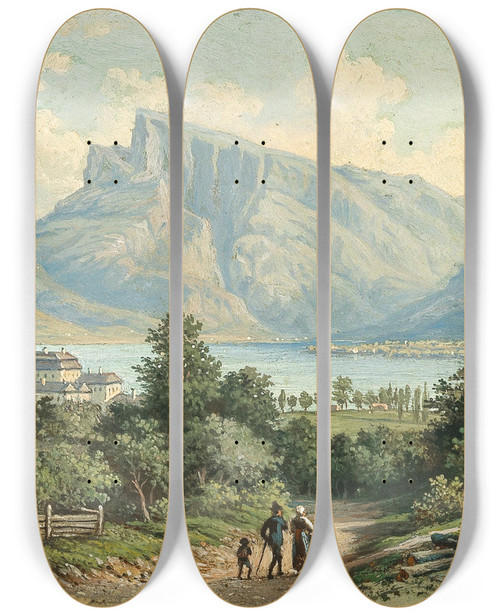 Triptych art skateboard deck of Hubert Sattler A View Of Mondsee Monastery And The Drachenwand by Hubert Sattler (1817-1904)