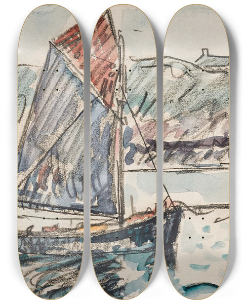 Triptych art skateboard deck of Paul Signac Conquet Voilier by Paul Signac (1863-1935)