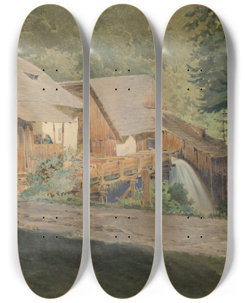 Triptych art skateboard deck of Friedrich Carl Von Scheidlin Mill On The Edge Of The Forest by Friedrich Carl Von Scheidlin (1822-1913)