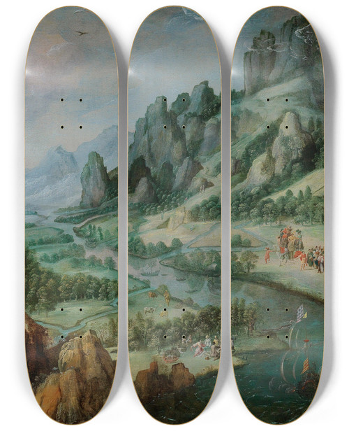 Triptych art skateboard deck of North Netherlandish School A Rocky Landscape With Numerous Figures by Netherlandish School