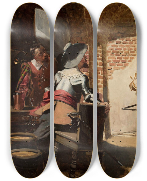 Triptych art skateboard deck of Jan Czesaw Moniuszko Duel In A Tavern by Jan Czeslaw Moniuszko (1853-1908)