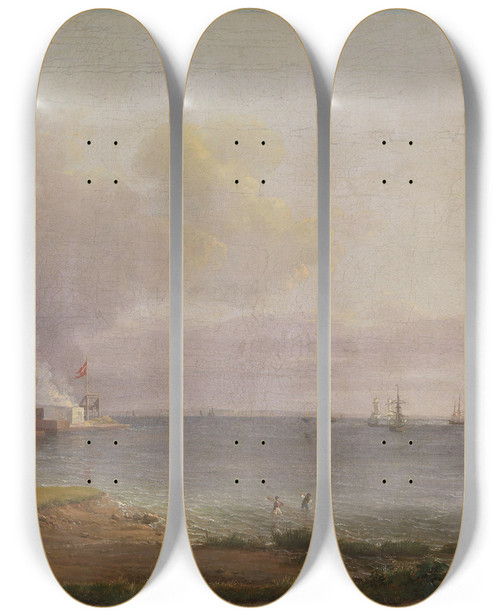 Triptych art skateboard deck of Johan Christian Dahl View Over Resund Near The Lime Works by Johan Christian Dahl (1788-1857)